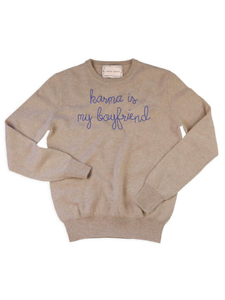 "karma is my boyfriend" Crewneck Sweater Lingua Franca NYC Oatmeal XS 