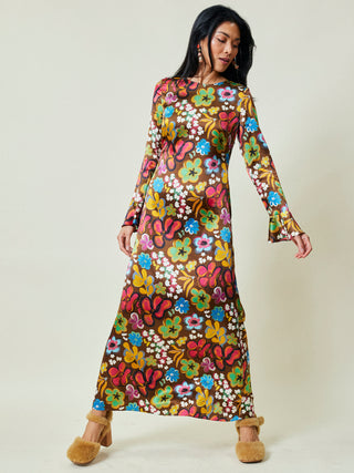 Anja Maxi Dress  Lingua Franca NYC Brown Printed Floral XS 