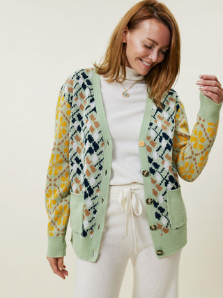 Jacquard Oversized Cardigan Sweater Lingua Franca NYC Sage Multi XS 