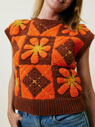 Crochet Vest Sweater Lingua Franca NYC Brown Floral Multi XS 