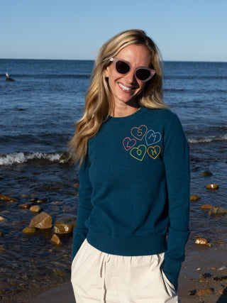 Custom Women's 100% Cashmere Crewneck Sweater Cashmere Core LINGUA FRANCA NYC Peacock XS