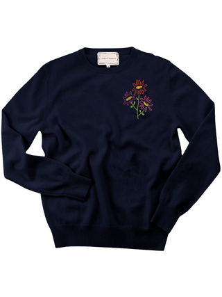 Custom Women's 100% Cashmere Floral Sweater Cashmere Core LINGUA FRANCA NYC Navy XS