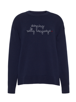 "warning: salty language" Maxine Sweater Cotton Cashmere Core LINGUA FRANCA NYC Navy XS