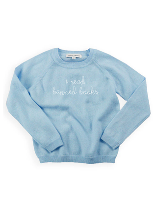 "i read banned books" Kids' Crewneck Cashmere Core Lingua Franca NYC Sky Blue 2T