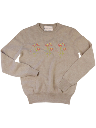 Custom Women's 100% Cashmere Floral Sweater Cashmere Core LINGUA FRANCA NYC Oatmeal XS