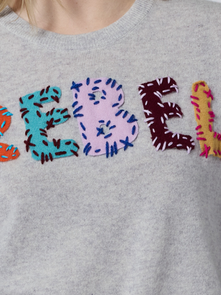 "rebel" Patch Women's Crewneck Cashmere Core LINGUA FRANCA NYC Smoke XS