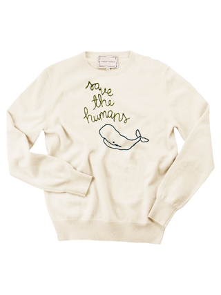 "save the humans" Women's Crewneck Cashmere Core LINGUA FRANCA NYC Cream XS