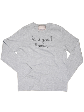 "be a good human" Mara Crewneck Cotton Silk Core LINGUA FRANCA NYC Smoke XS
