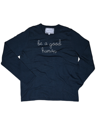 "be a good human" Mara Crewneck Cotton Silk Core LINGUA FRANCA NYC Navy XS