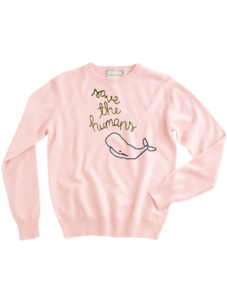 "save the humans" Women's Crewneck Cashmere Core LINGUA FRANCA NYC Pale Pink XS