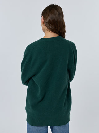 Person wearing a green sweater from behind on a light gray background Hunter