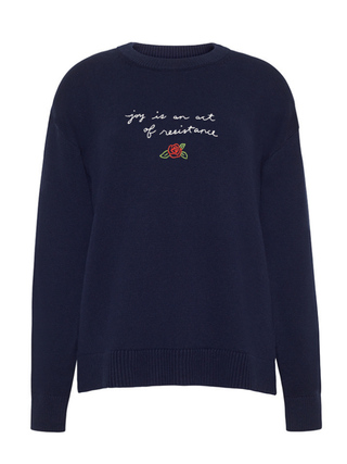 "joy is an act of resistance" Maxine Sweater Cotton Cashmere Core LINGUA FRANCA NYC Navy XS