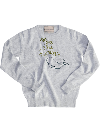 "save the humans" Women's Crewneck Cashmere Core LINGUA FRANCA NYC Smoke XS