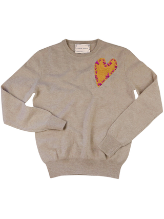 Felt Heart Crewneck Cashmere Core LINGUA FRANCA NYC Oatmeal XS