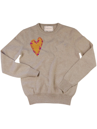 Felt Heart Crewneck Cashmere Core LINGUA FRANCA NYC Oatmeal XS