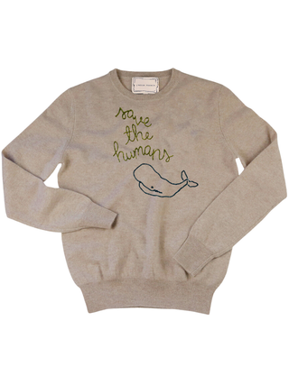 "save the humans" Women's Crewneck Cashmere Core LINGUA FRANCA NYC Oatmeal XS