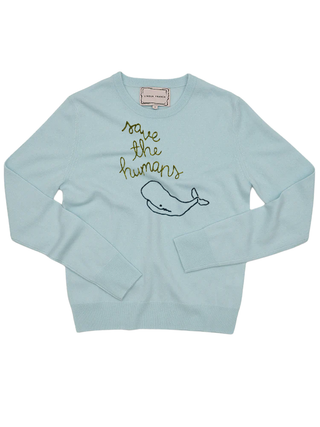 "save the humans" Women's Crewneck Cashmere Core LINGUA FRANCA NYC Seafoam XS
