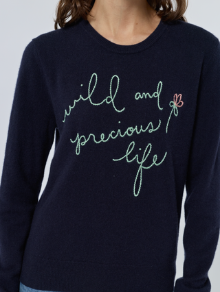 "wild and precious" Women's Cashmere Crewneck Cashmere Core LINGUA FRANCA NYC Navy XS