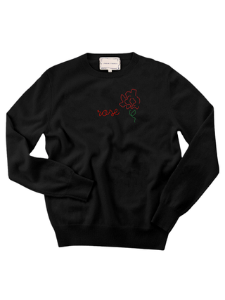 Custom Women's 100% Cashmere Floral Sweater Cashmere Core LINGUA FRANCA NYC Black XS