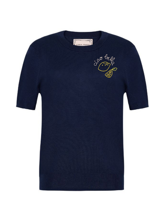 "ciao bella" with lemons Silk Cashmere Short Sleeve Crewneck