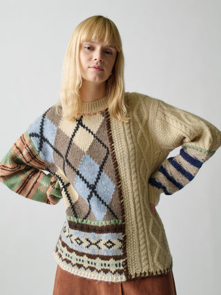 Hutton Patchwork Crewneck Sweater Lingua Franca Ivory Patchwork XS 