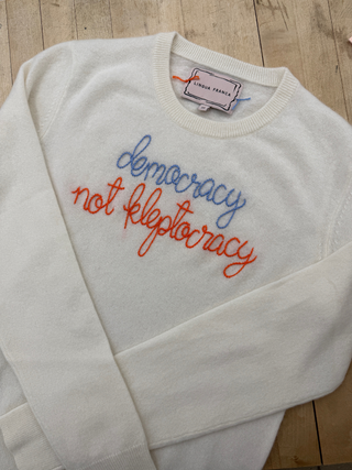 "democracy not kleptocracy" Women's Crewneck Cashmere Core LINGUA FRANCA NYC