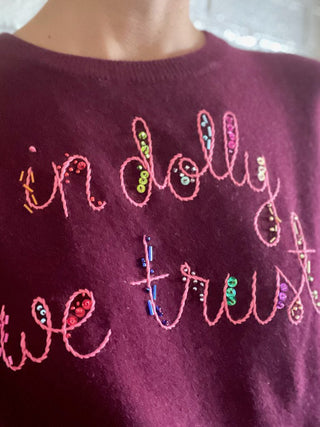 "love you to the moon and back" Crewneck Cashmere Core LINGUA FRANCA NYC Maroon XS