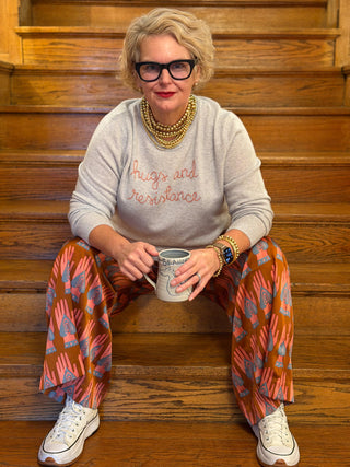 "hugs and resistance" Women's Crewneck Cashmere Core LINGUA FRANCA NYC