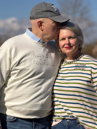 "courage, darling" Striped Mara Crewneck Cotton Silk Core LINGUA FRANCA NYC