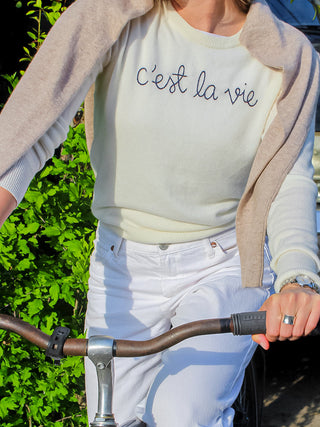 "c'est la vie" Crewneck Sweater Lingua Franca NYC Cream XS 