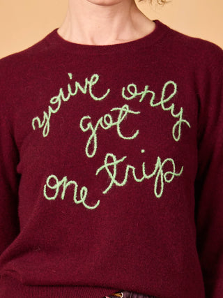"You've Only Got One Trip" Embroidered 100% Cashmere Crewneck Sweater