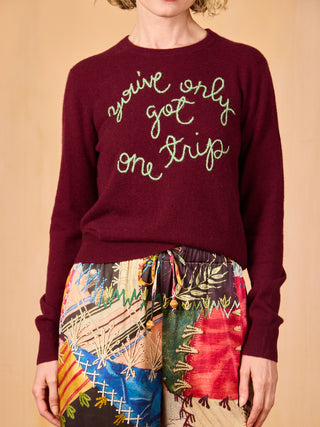 "You've Only Got One Trip" Embroidered 100% Cashmere Crewneck Sweater