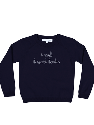 "i read banned books" Kids' Crewneck Cashmere Core Lingua Franca NYC Navy 2T
