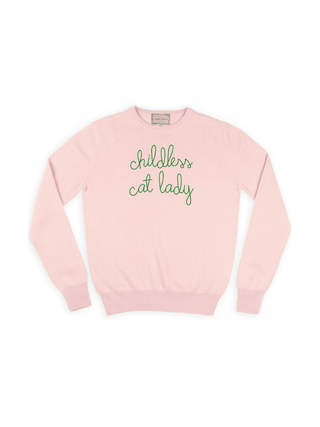 "childless cat lady" Crewneck Sweater Lingua Franca NYC Pale Pink XS 