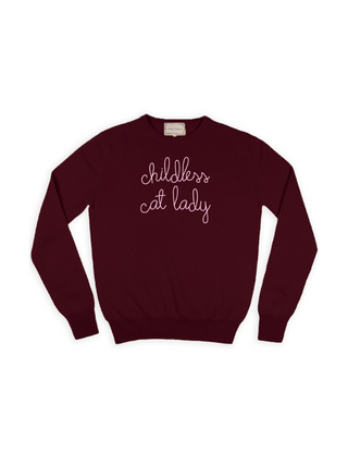 "childless cat lady" Crewneck Sweater Lingua Franca NYC Maroon XS 