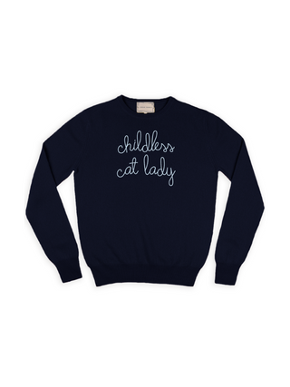 "childless cat lady" Crewneck Sweater Lingua Franca NYC Navy XS 