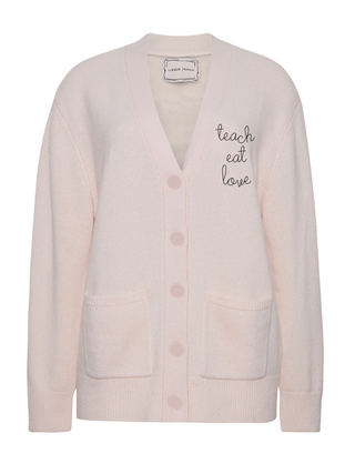 "teach eat love" Oversized Cluny Cardigan Cashmere Core LINGUA FRANCA NYC Pale Pink XS