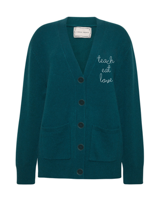 "teach eat love" Oversized Cluny Cardigan Cashmere Core LINGUA FRANCA NYC Hunter XS