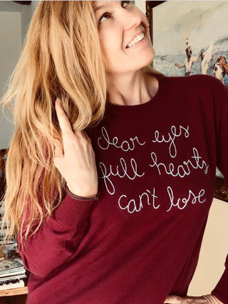 "love you to the moon and back" Crewneck Cashmere Core LINGUA FRANCA NYC Maroon XS