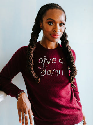 "love you to the moon and back" Crewneck Cashmere Core LINGUA FRANCA NYC Maroon XS