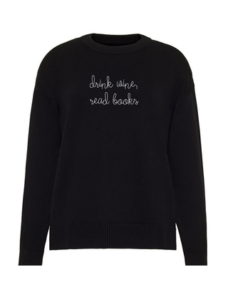 "drink wine, read books" Maxine Sweater Cotton Cashmere LINGUA FRANCA NYC Black XS