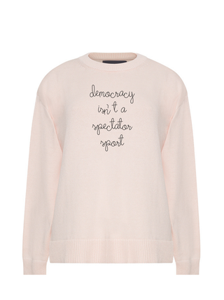 "democracy isn't a spectator sport" Maxine Sweater Cotton Cashmere LINGUA FRANCA NYC Pale Pink XS