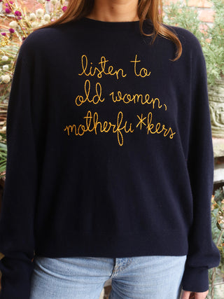 "listen to old women, motherfu*kers" Crewneck Sweater LINGUA FRANCA NYC Peacock XS 