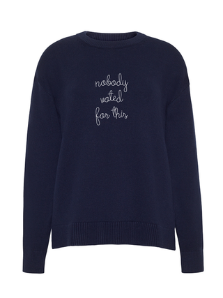 "nobody voted for this" Maxine Sweater Cotton Cashmere Core LINGUA FRANCA NYC Navy XS