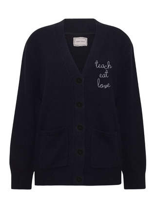"teach eat love" Oversized Cluny Cardigan Cashmere Core LINGUA FRANCA NYC Navy XS
