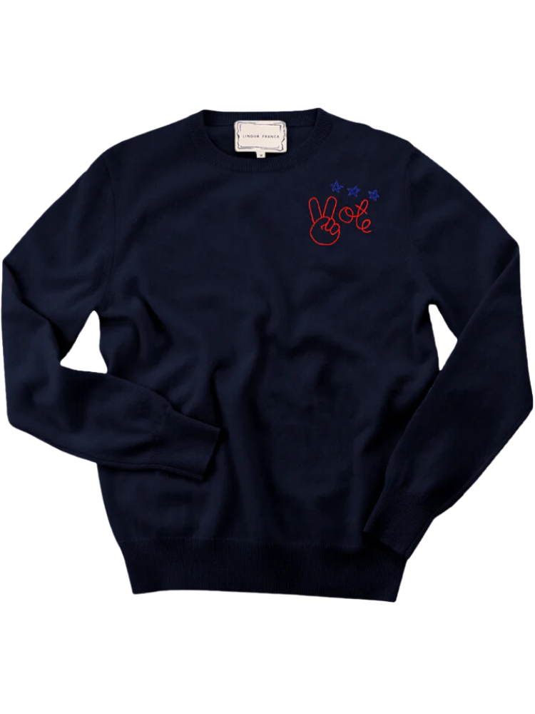 Hand Embroidered Peace + Vote Men's Crewneck, 100% Sustainable Hand Embroidered Peace + Vote Men's Crewneck, 100% Sustainable