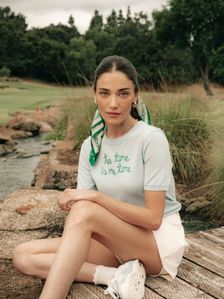 "tee time is me time" Silk Cashmere Short Sleeve Crewneck