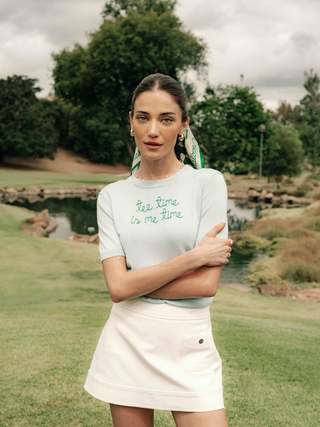 "tee time is me time" Silk Cashmere Short Sleeve Crewneck