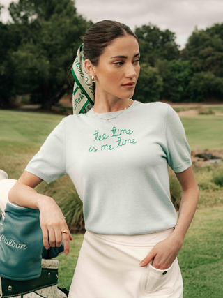 "tee time is me time" Silk Cashmere Short Sleeve Crewneck