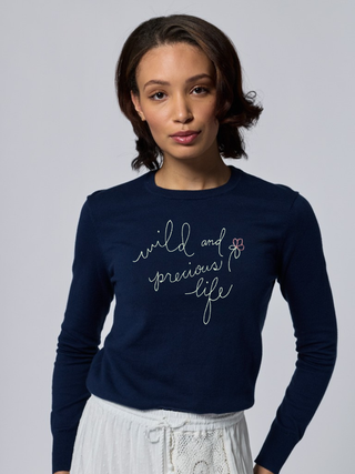 "wild and precious" Mara Cotton Crewneck Cotton Silk Core Lingua Franca NYC Navy XS